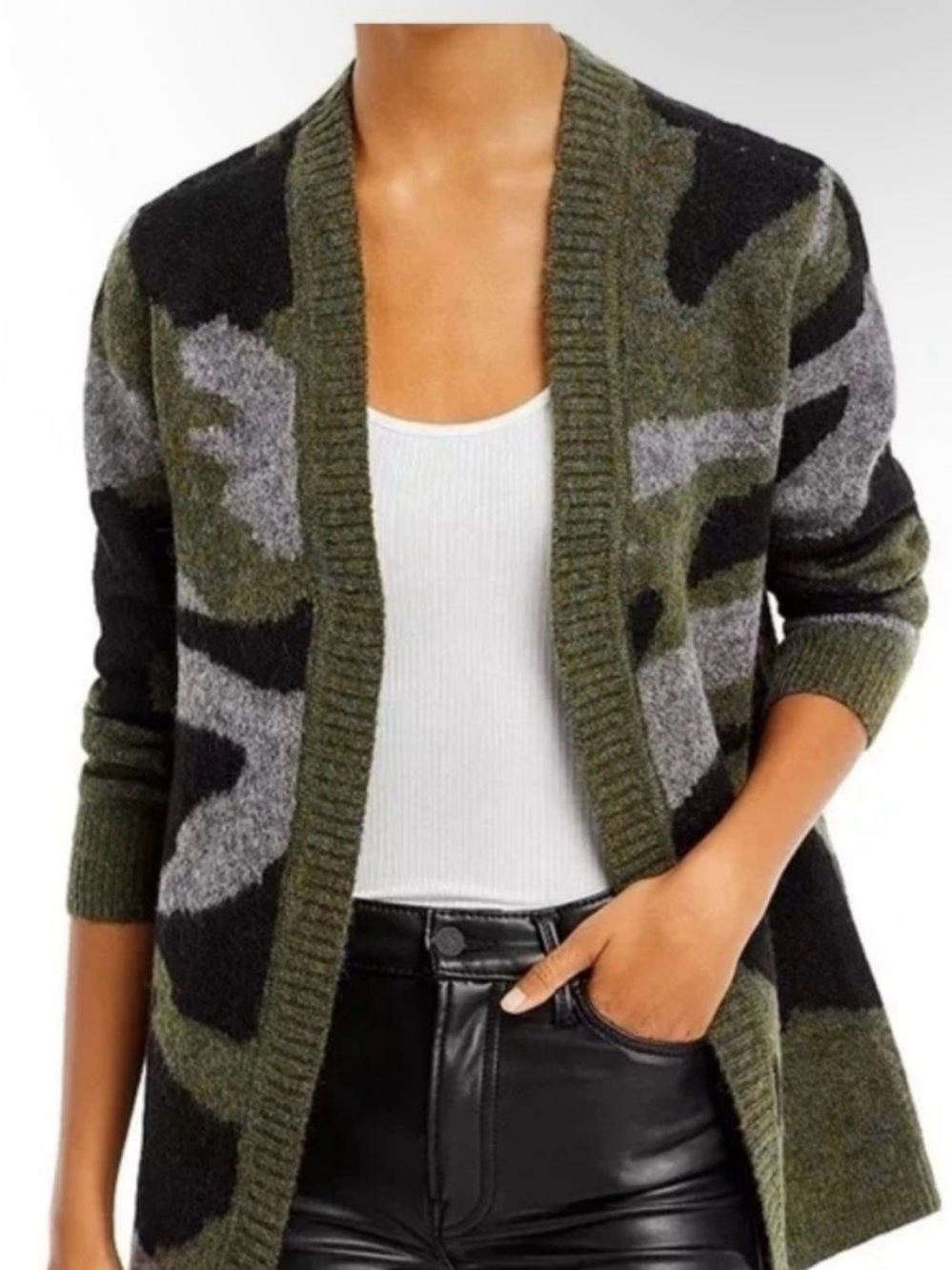 Aqua Olive Green & Gray Camouflage Open-Front Cardigan
